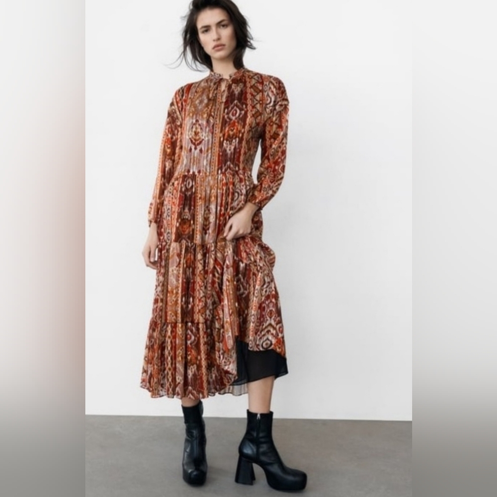 ZARA MIDI TIERED BOHO DRESS AZTEC LARGE